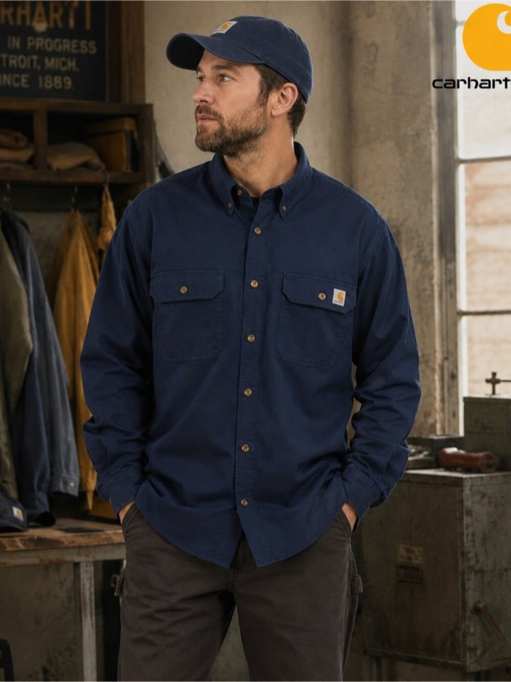 Carhartt FR Flame Resistant Button-Down Work Shirt Navy XL RG RN15374